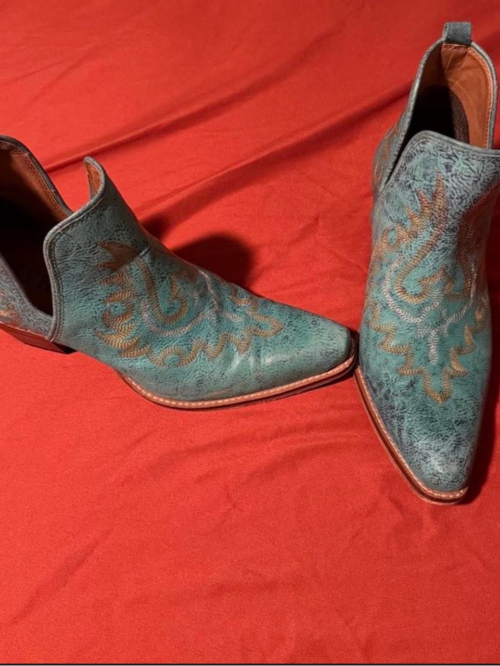Myra Bag Teal Cowboy Ankle Boots with Brown Stitching